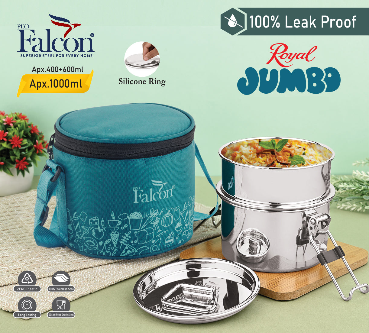 Premium steel lunchbox royal jumbo range 100% leakproof, crack free, odor free, rust free, steel lids, stackable with insulated bag.