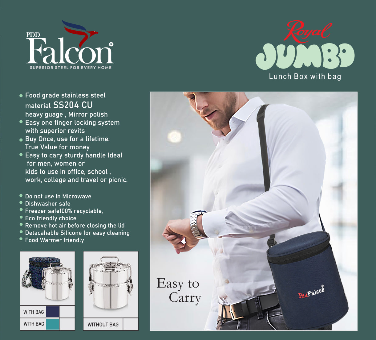 Features of royal jumbo range lunchbox - food grade stainless steel material, easy to carry, eavy guage, mirror polish, easy one finger locking system, buy once use for lifetime, value for money, sturdy handle, ideal for office and school, for men and women, eco-friendly, detachable silicon