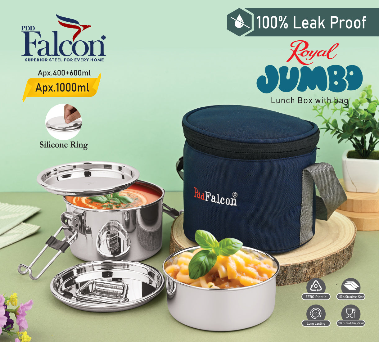 Premium steel lunchbox royal jumbo range 100% leakproof, crack free, odor free, rust free, steel lids, stackable with insulated bag.