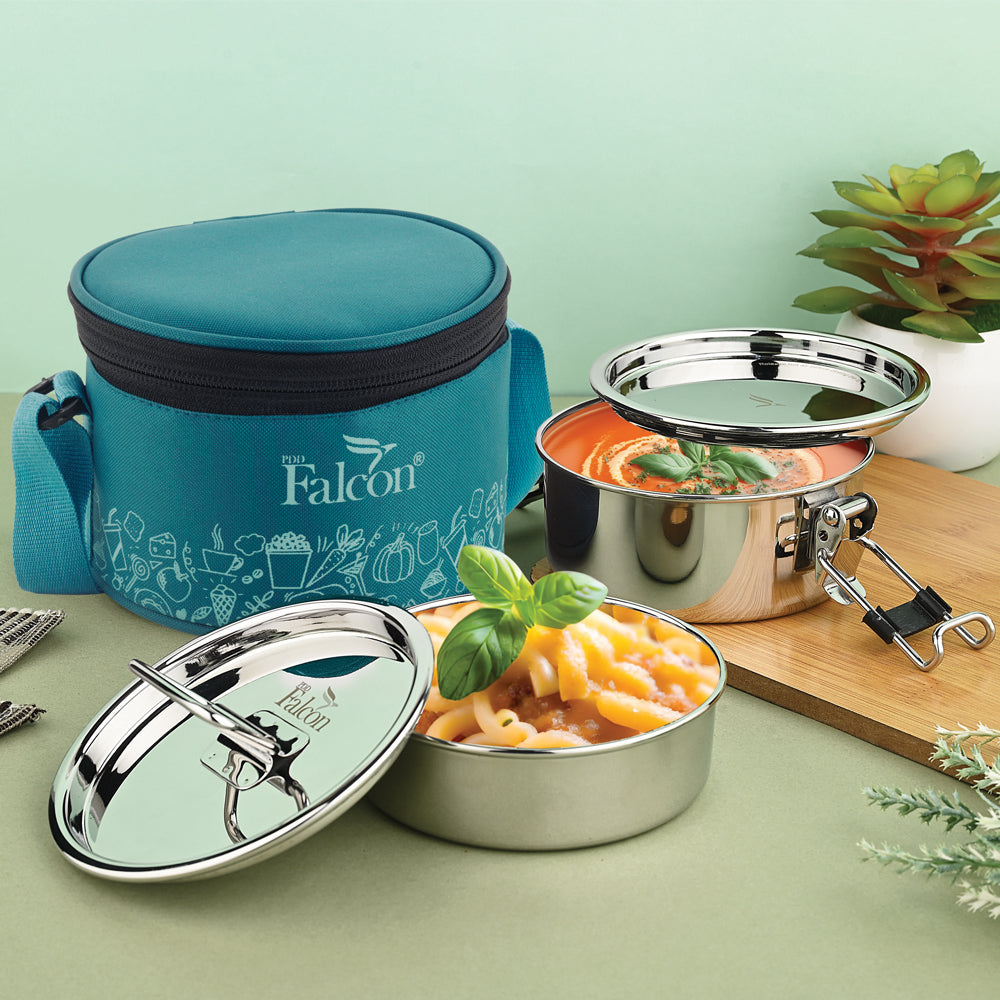 Premium steel lunchbox royal lily range sea green 100% leakproof, crack free, odor free, rust free, steel lids, stackable with insulated bag.