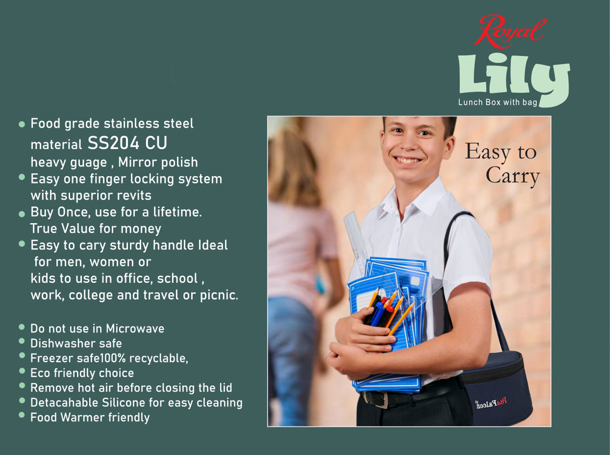 Features of royal lily range lunchbox - food grade stainless steel material, heavy guage, mirror polish, easy one finger locking system, buy once use for lifetime, value for money, easy to carry, sturdy handle, ideal for office and school, for men and women, eco-friendly, detachable silicon