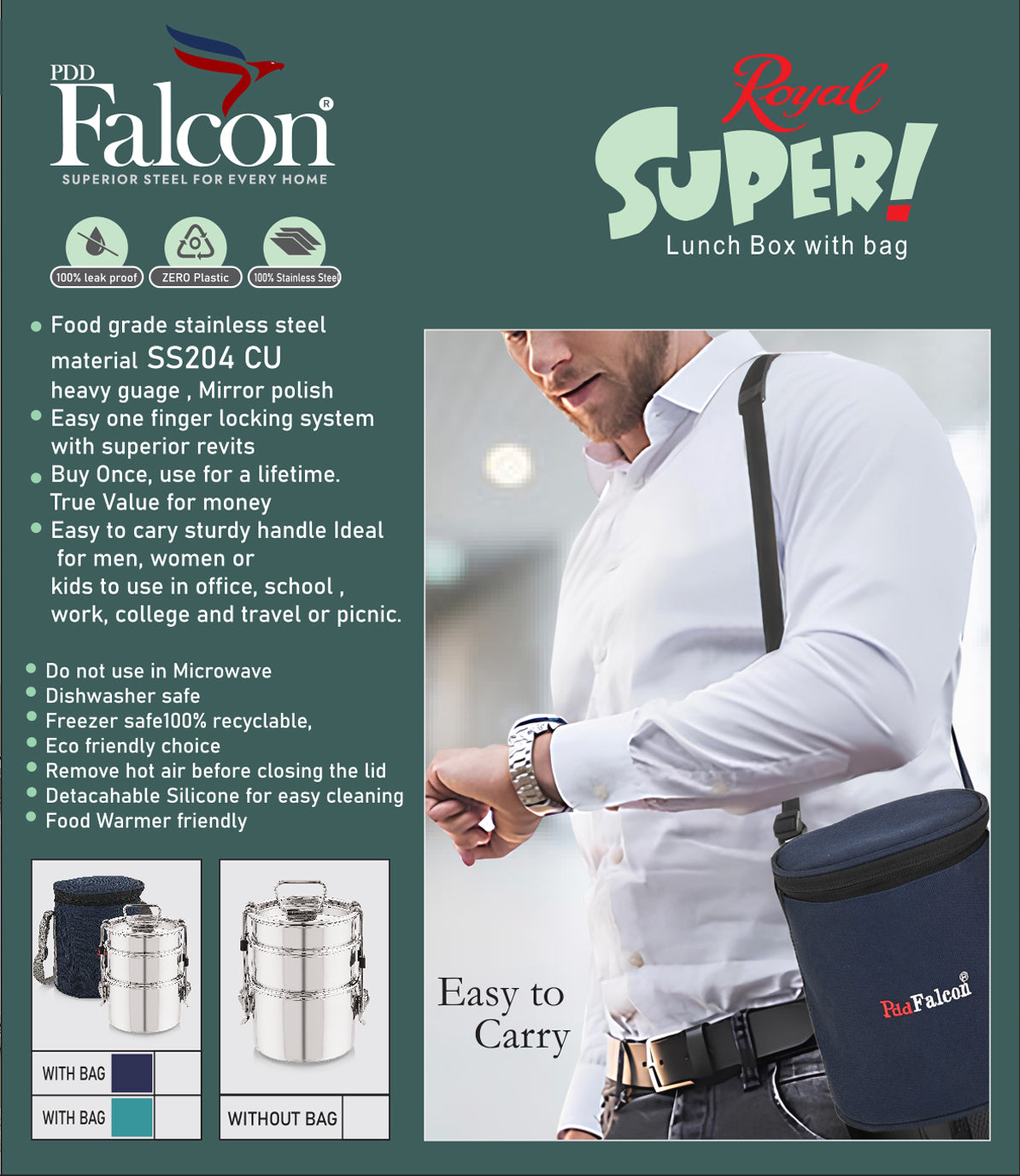 Features of royal super range lunchbox - food grade stainless steel material, easy to carry, eavy guage, mirror polish, easy one finger locking system, buy once use for lifetime, value for money, sturdy handle, ideal for office and school, for men and women, eco-friendly, detachable silicon