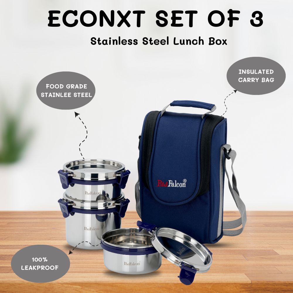 Pdd Falcon Steel Lunch Box Set of 3 Blue FP11007 - 1000ml