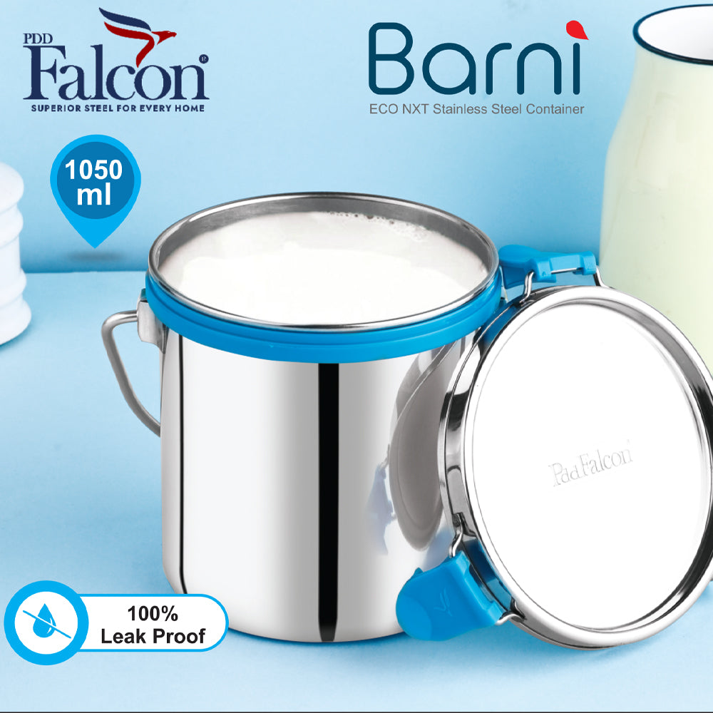 Stainless steel 1050ml barni with sleek design, mirror polish, holder, 100% leakproof and can be used to store beverages like milk or juices.