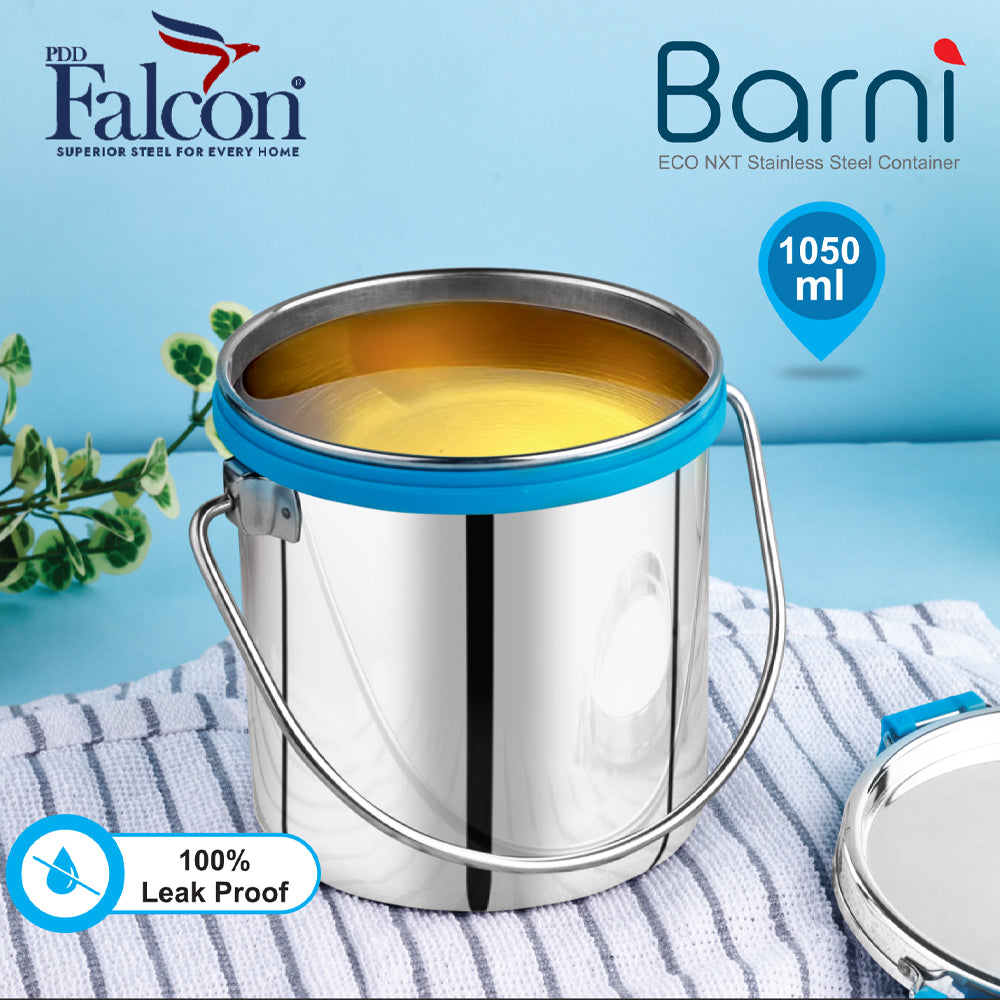 Stainless steel 1050ml barni with sleek design, mirror polish, holder, 100% leakproof and can be used to store beverages like milk or juices.