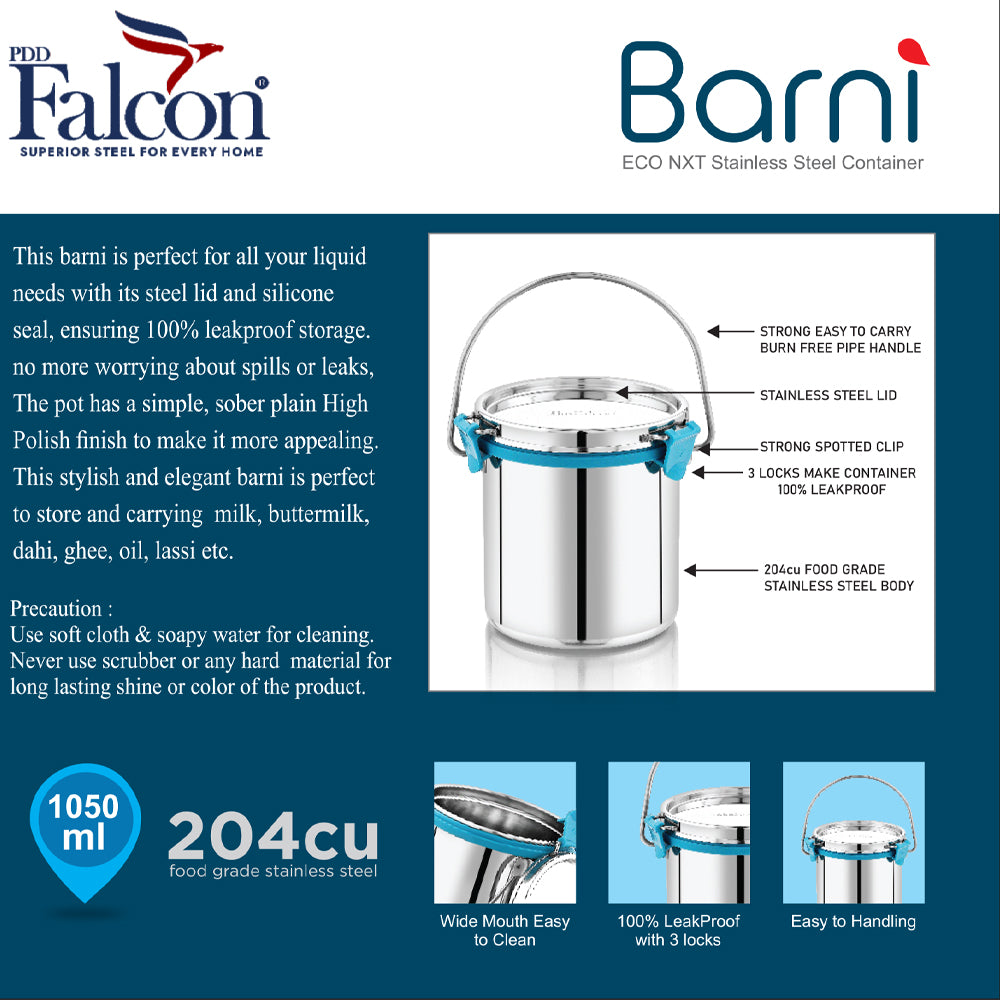 Features pf Exonxt barni include 100% leakproof lids, high polish finish, its stylish and modern, steel handle to carry, stainless steel lid, strong locks and 100% food grade stainless steel