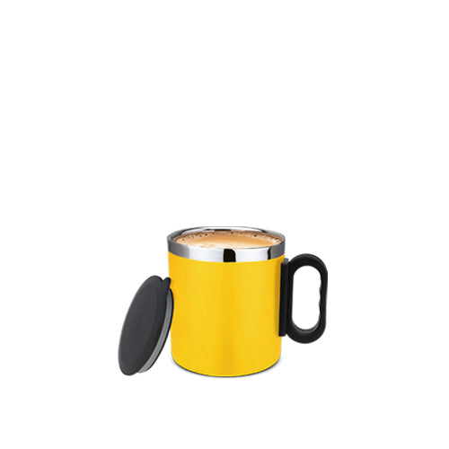 Yellow Star Mug with lid - fully stainless steel, excellent heat insulation, handle for grip - perfect for your morning coffee.