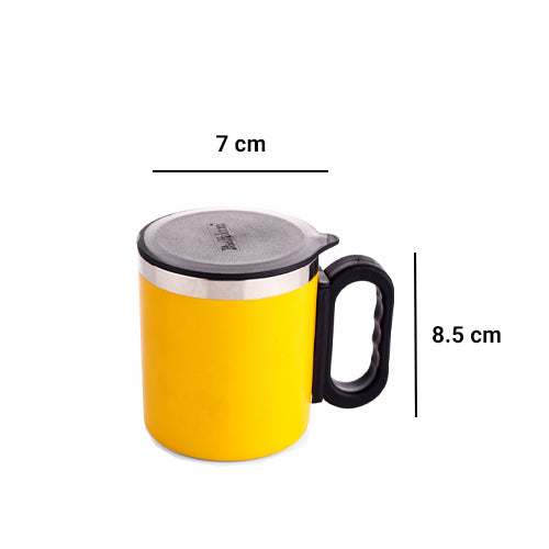 Yellow 180ml Star Mug displayed with dimensions Height: 9cm Width: 8cm with lid to keep your beverage hot and an ergonomic handle for easy grip - perfect for your morning tea or coffee.