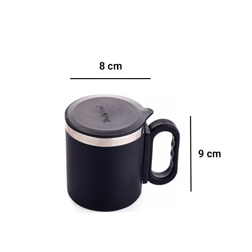 Black 280ml Star Mug displayed with dimensions Height: 9cm Width: 8cm with lid to keep your beverage hot and an ergonomic handle for easy grip - perfect for your morning tea or coffee.