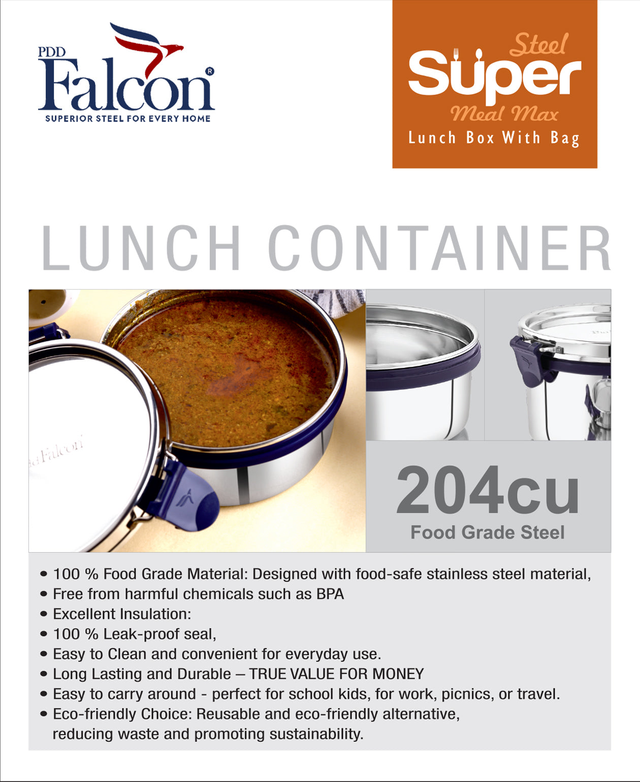 Features of PddFalcon lunch container - 100% food grade material, free from harmful material, excellent insulation, 100% leakproof, excellent insulation, easy to clean, durable, easy to carry, eco-friendly