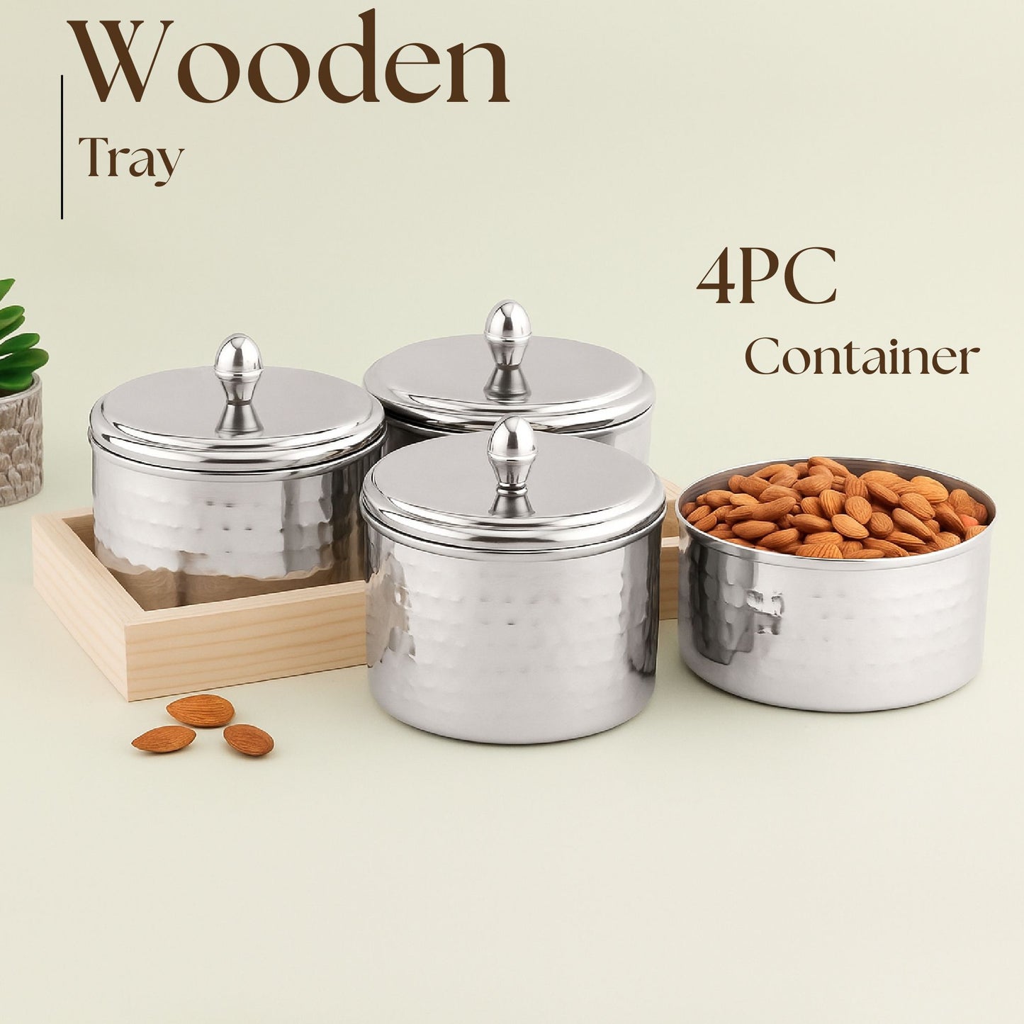 Dry Fruit Airtight Container 350ml- 4p With Wooden Tray