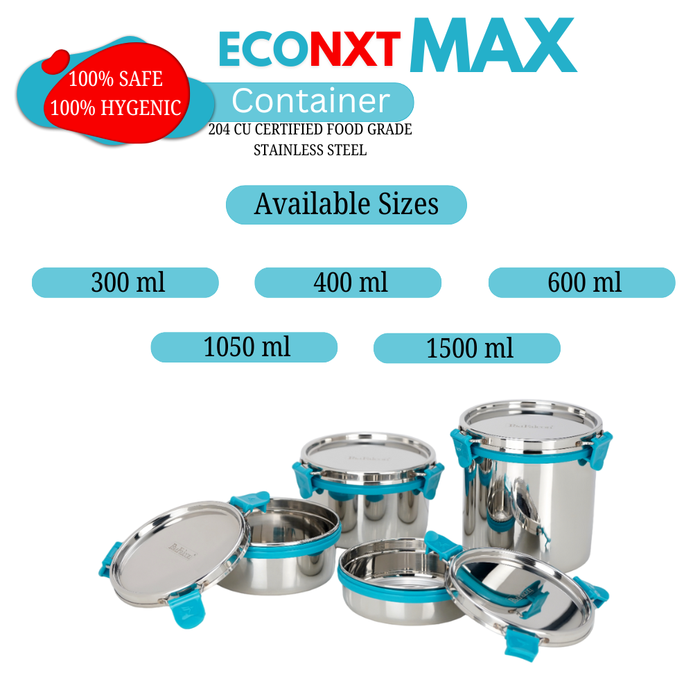 Econxt max container available in all sizes - 300ml, 400ml, 600ml, 1050ml and 1500ml. 100% safe and hygienic.