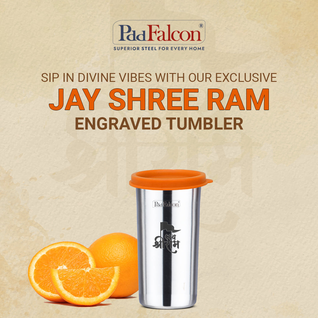 Jay Shree Ram engraved 420 ml Tumbler. 100% leakproof, sturdy base, mirror polish, stainless steel and eco-friendly.