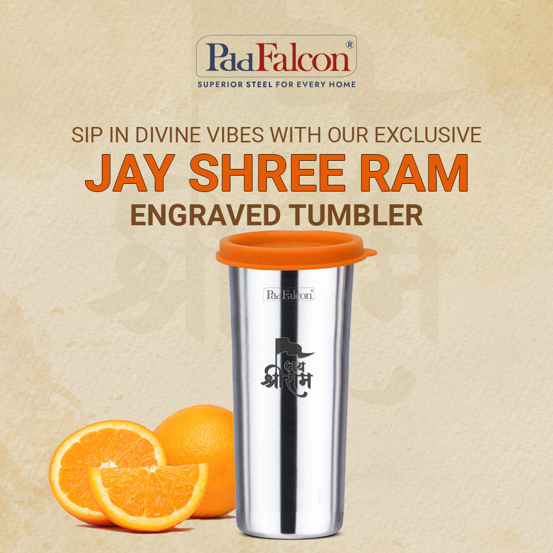Jay Shree Ram engraved 520 ml Tumbler. 100% leakproof, sturdy base, mirror polish, stainless steel and eco-friendly.
