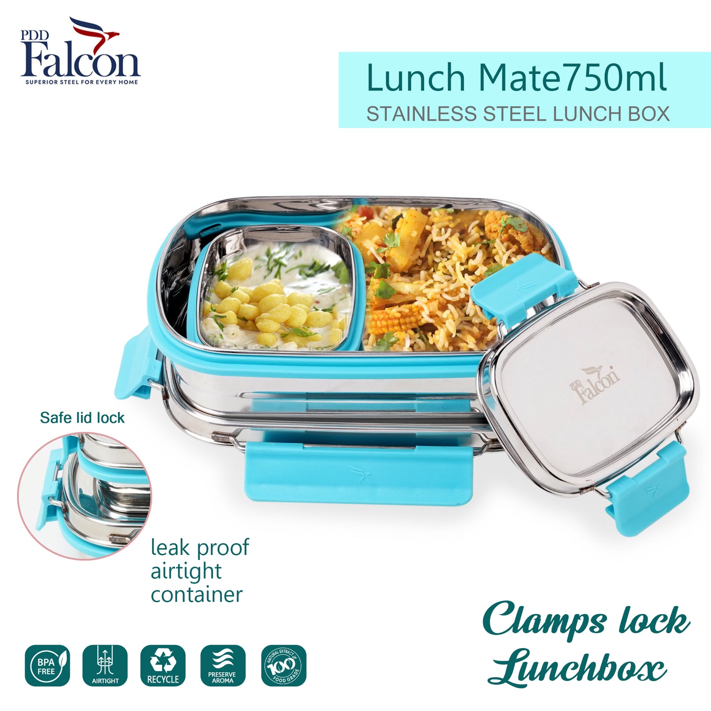 PddFalcon Stainless Steel Recta Lunch Mate 100% Leakproof Lunch Box Sky Blue- 930ml