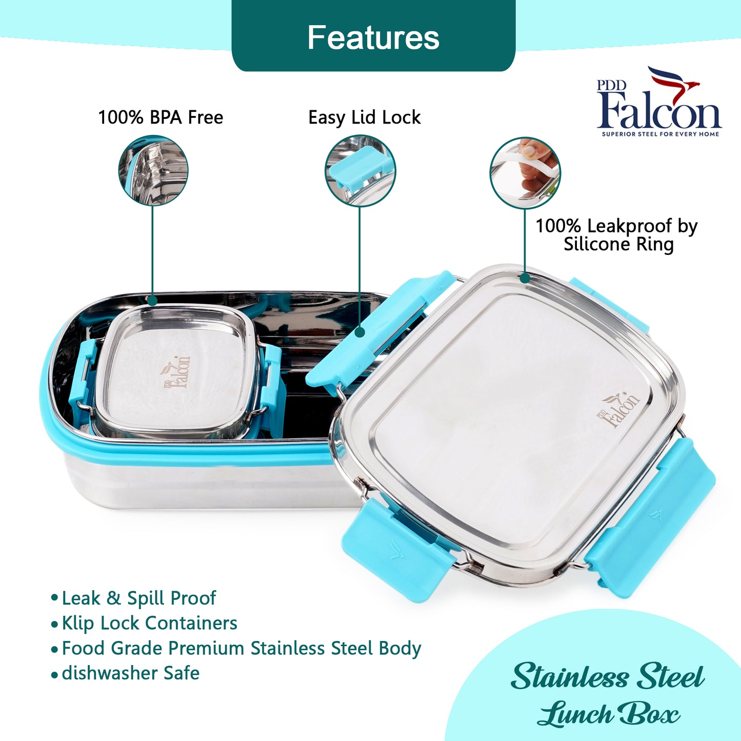 PddFalcon Stainless Steel Recta Lunch Mate 100% Leakproof Lunch Box Sky Blue- 930ml