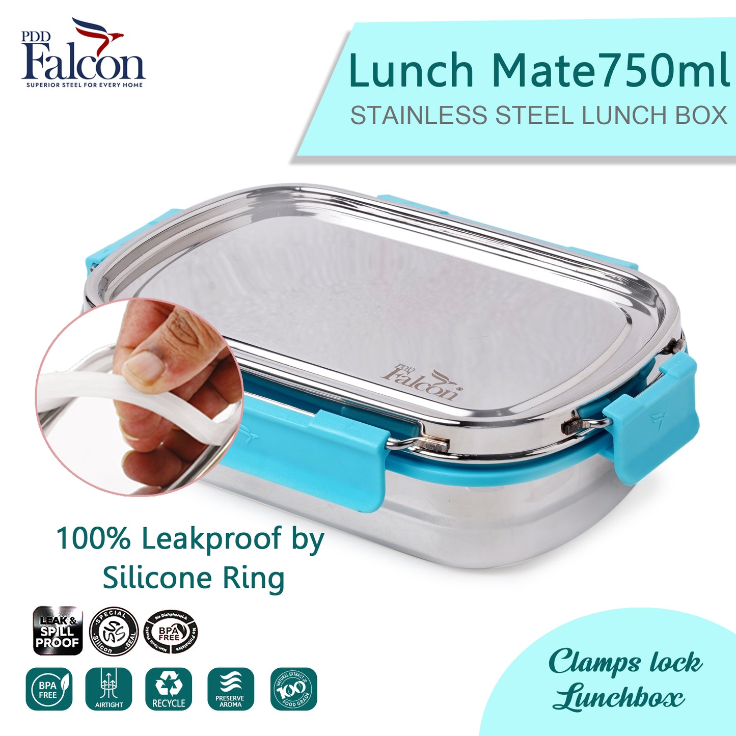 PddFalcon Stainless Steel Recta Lunch Mate 100% Leakproof Lunch Box Sky Blue- 930ml