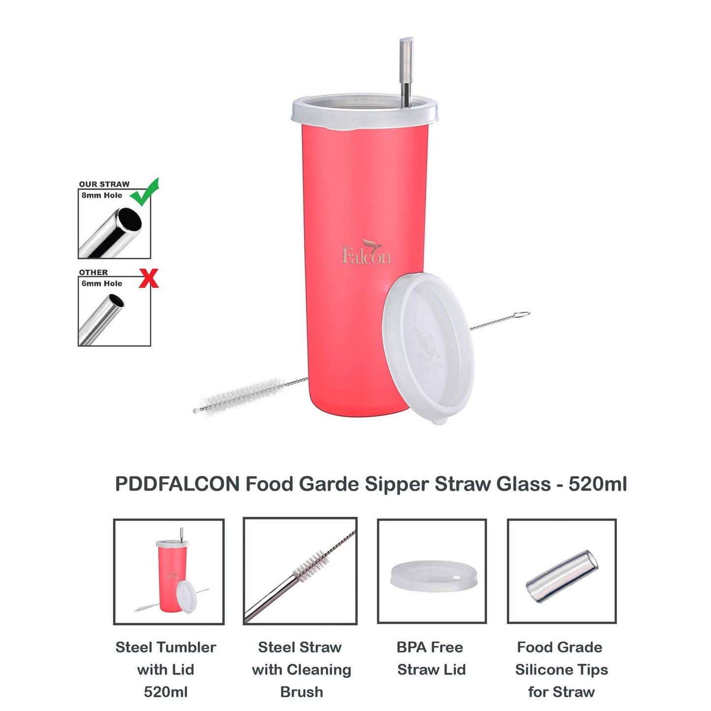 Pdd Falcon Steel Straw Glass 1pcs Pink - 520ml