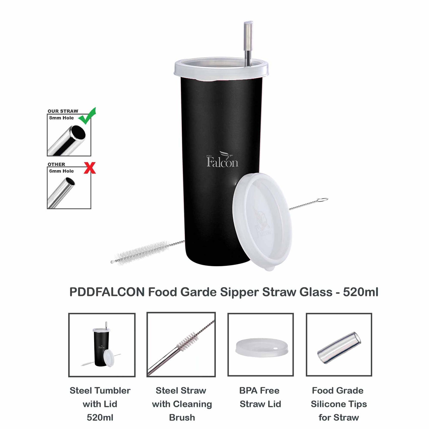 Pdd Falcon Steel Straw Glass 1pcs Black - 520ml