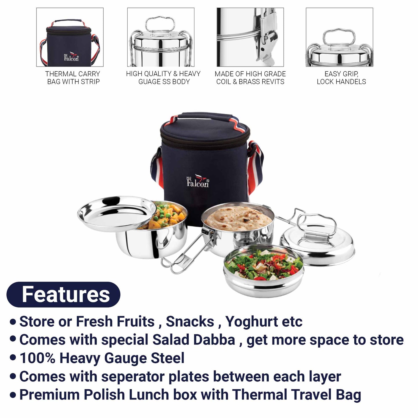 Pdd Falcon Steel Lunch Box 8x2 with bag & spoon Silver FP03014 - 1350ml
