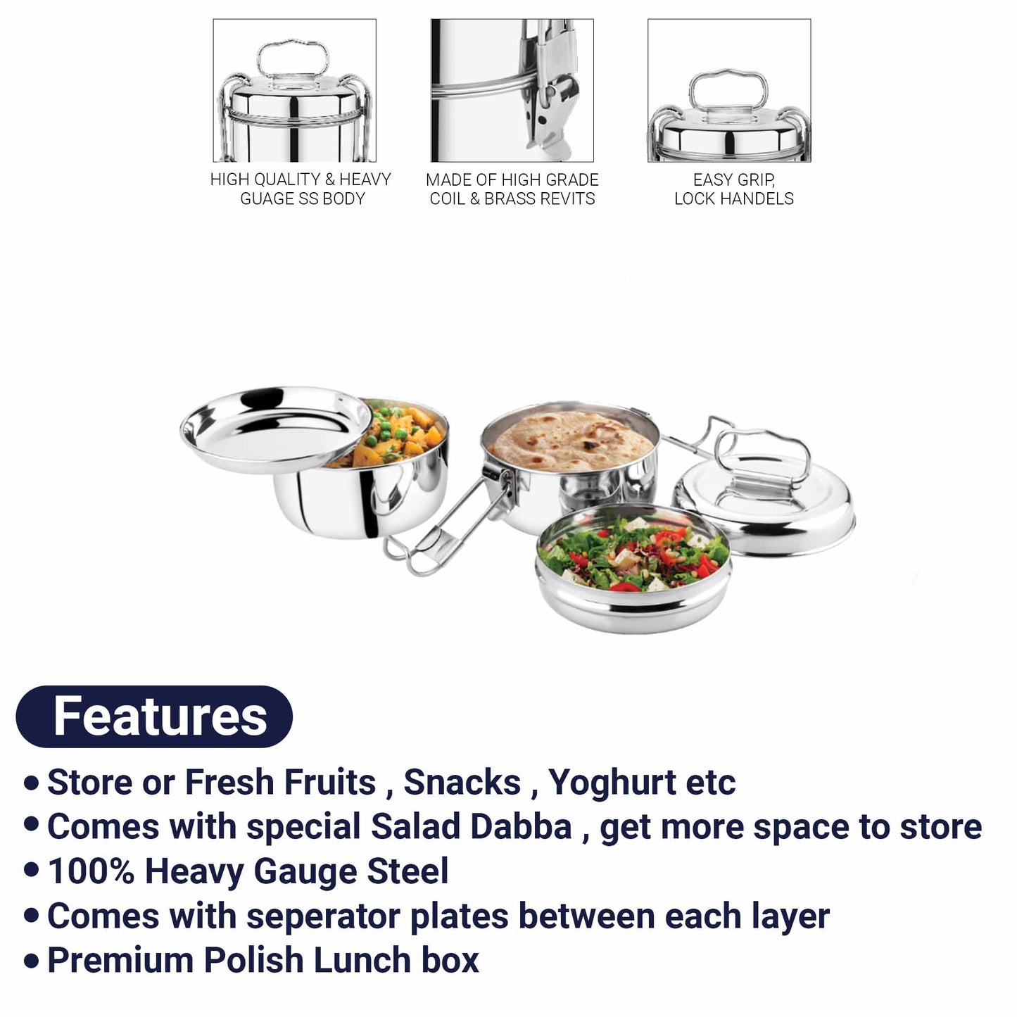 Pdd Falcon Steel Lunch Box 7x2 Silver FP03019 - 900ml