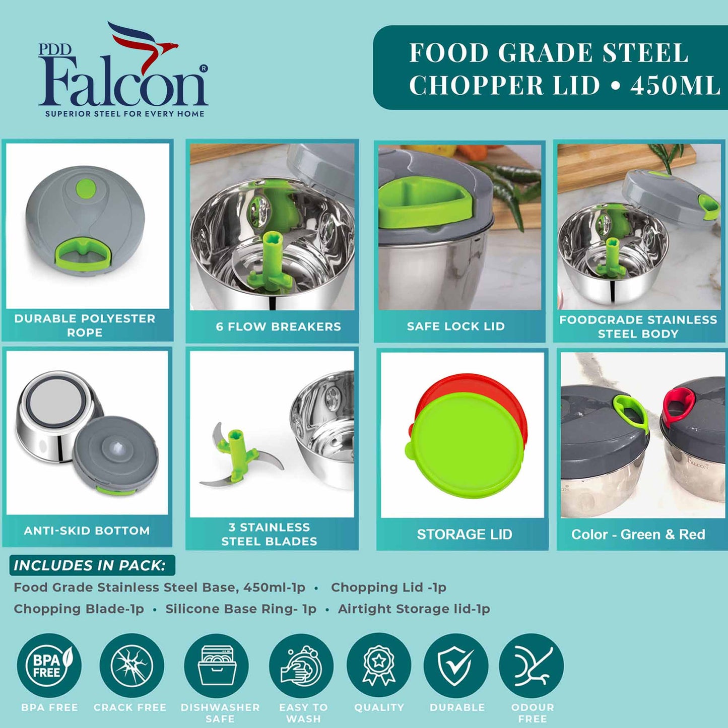PddFalcon Stainless Steel Chopper with storage lid, Green - 450ml