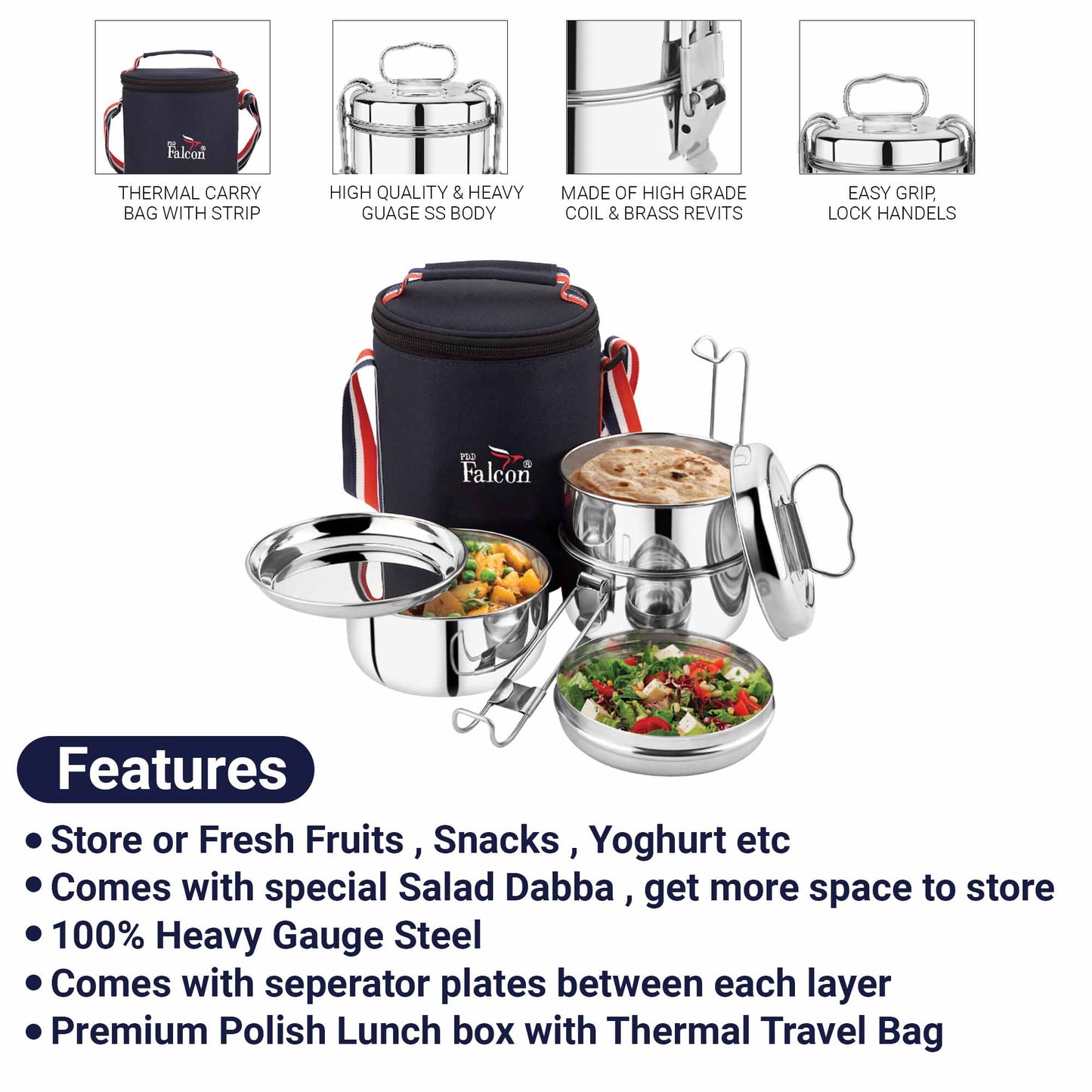 Pdd Falcon Steel Lunch Box 8x3 with bag & spoon Silver FP03016 - 1900ml