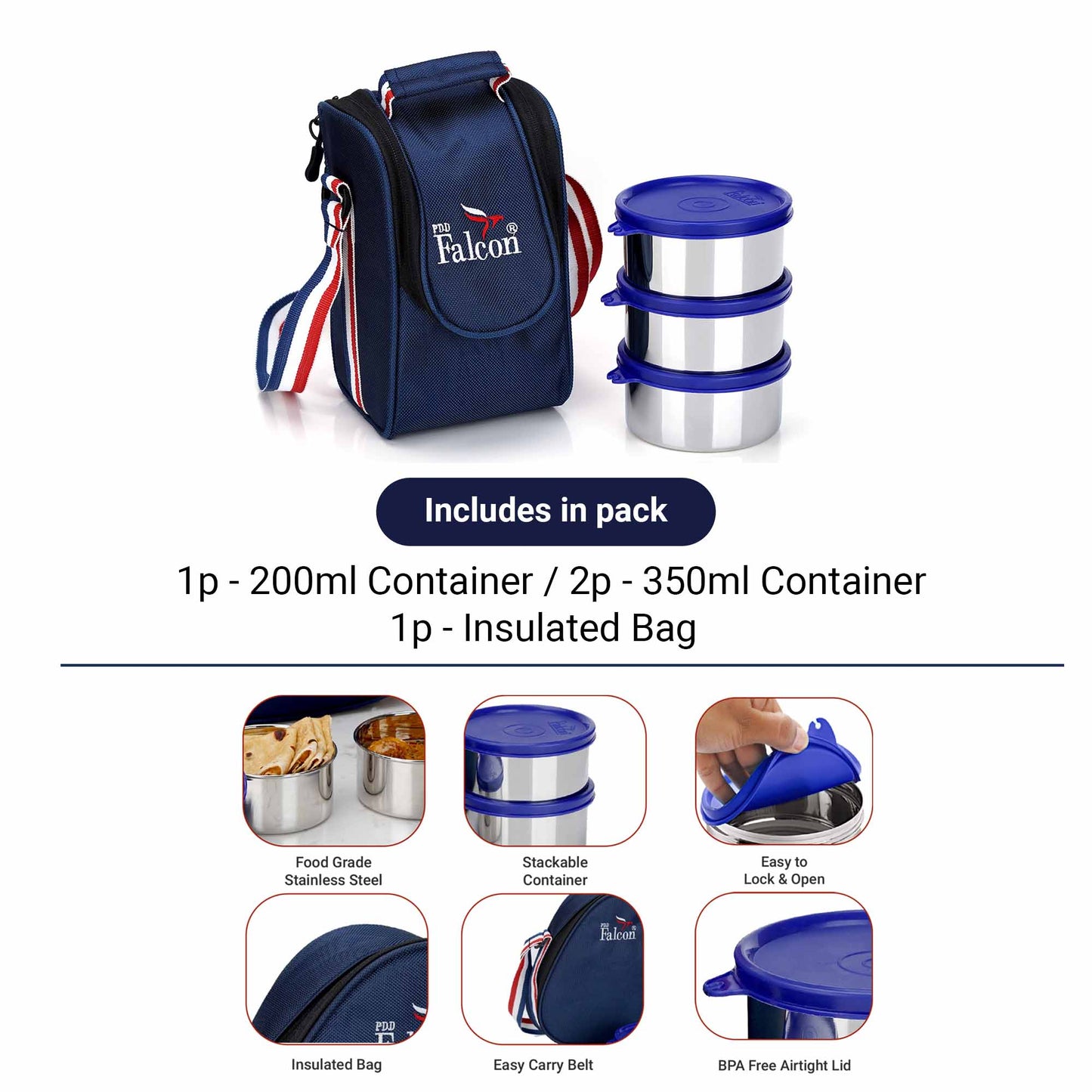 Pdd Falcon Steel Dura Lunch Box Set of 3 - 1400ml