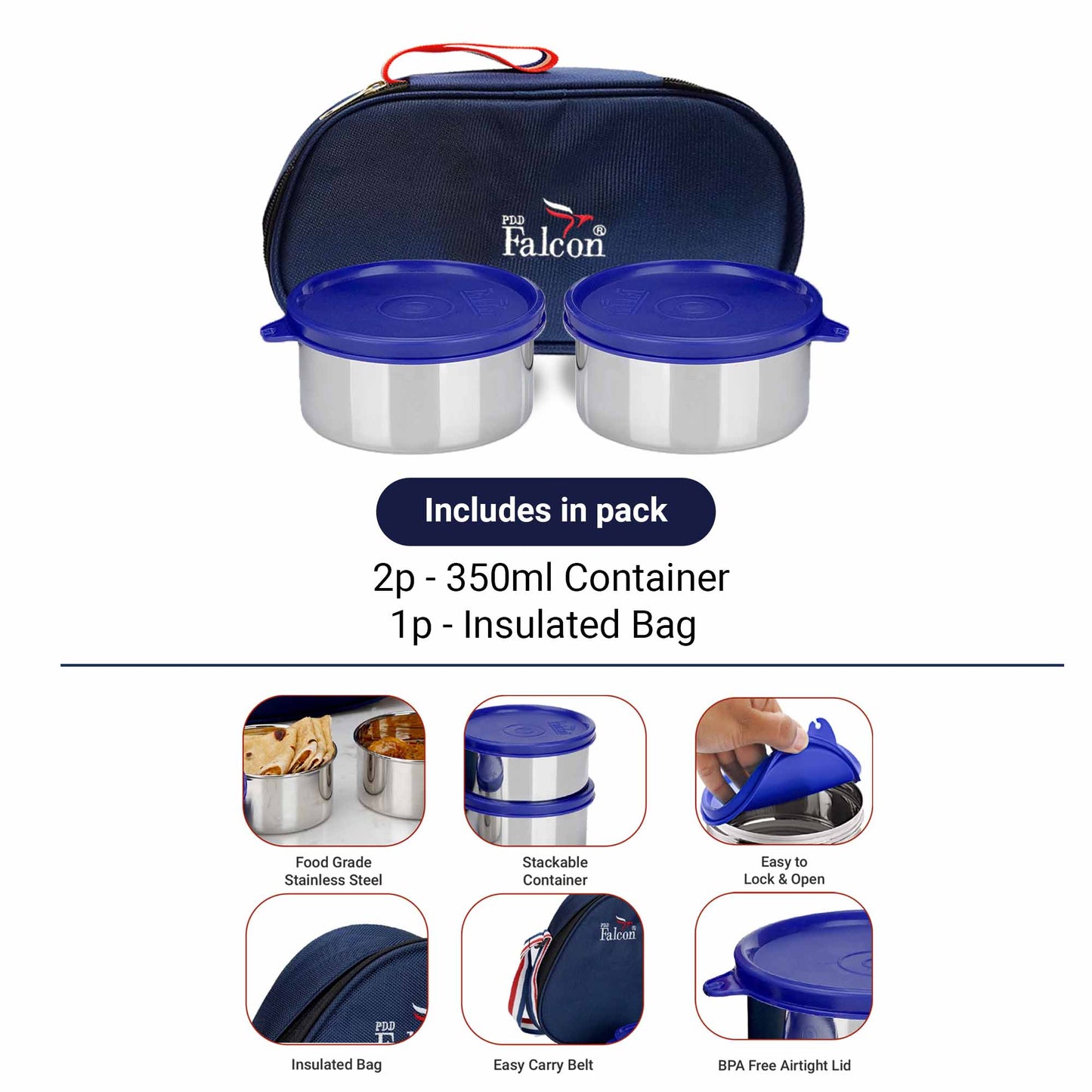 Pdd Falcon Steel Lunch Box Set of 2 Blue - 700ml
