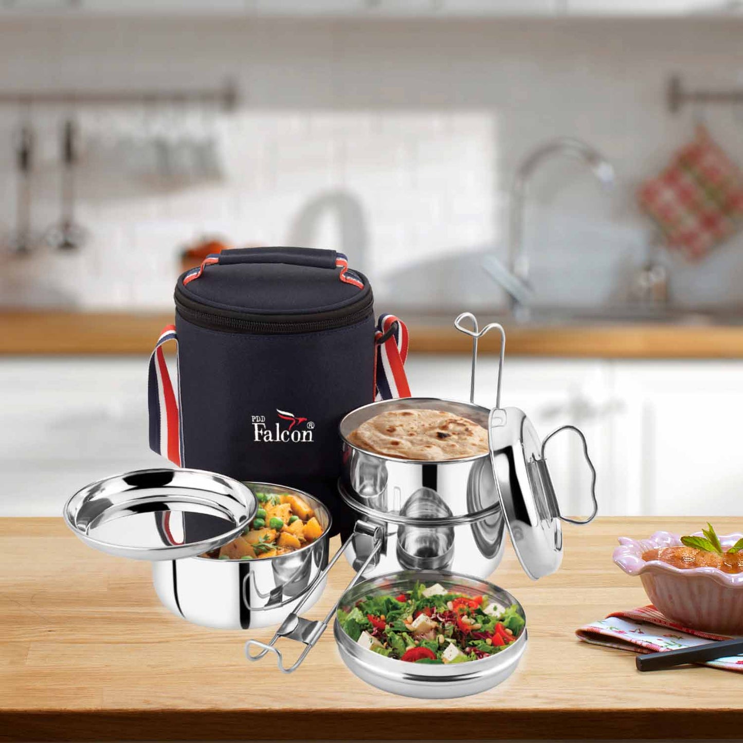 Pdd Falcon Steel Lunch Box 8x3 with bag & spoon Silver FP03016 - 1900ml