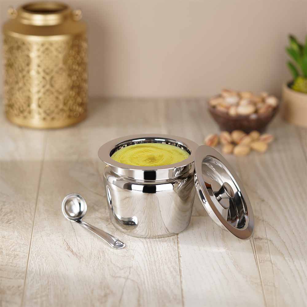PddFalcon Stainless Steel Kitchen Storage Riddhi Ghee Pot With Spoon