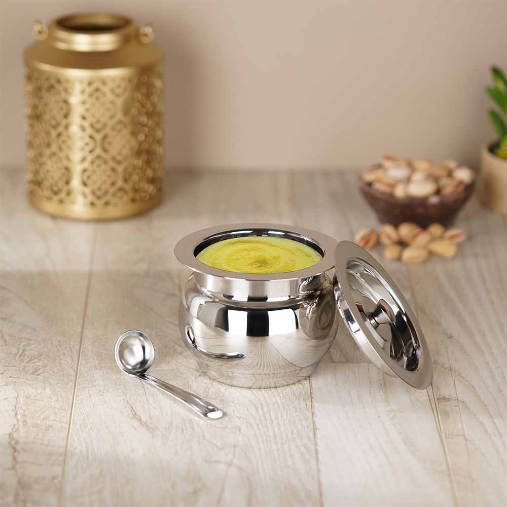 PddFalcon Stainless Steel Kitchen Storage Siddhi Ghee Pot With Spoon