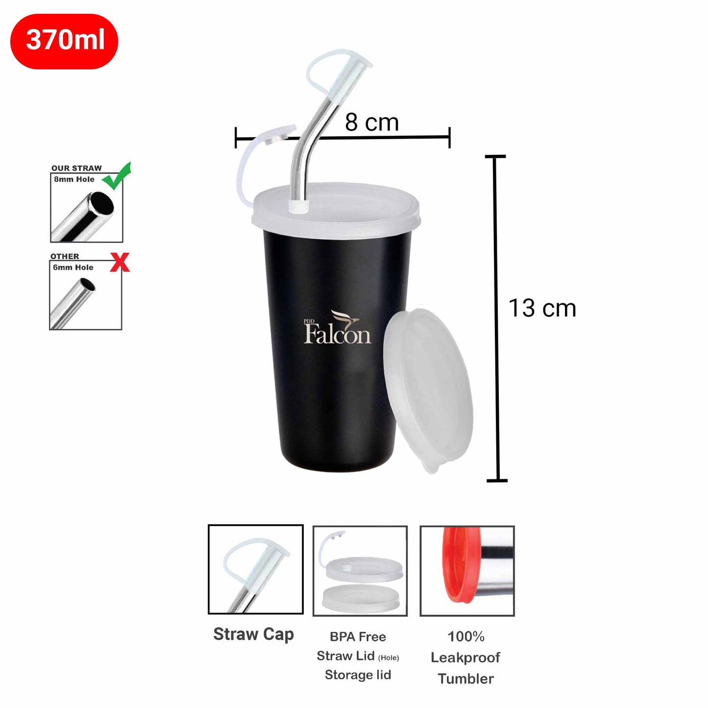 PddFalcon Stainless Steel Sipper Strawglass 370ml Black