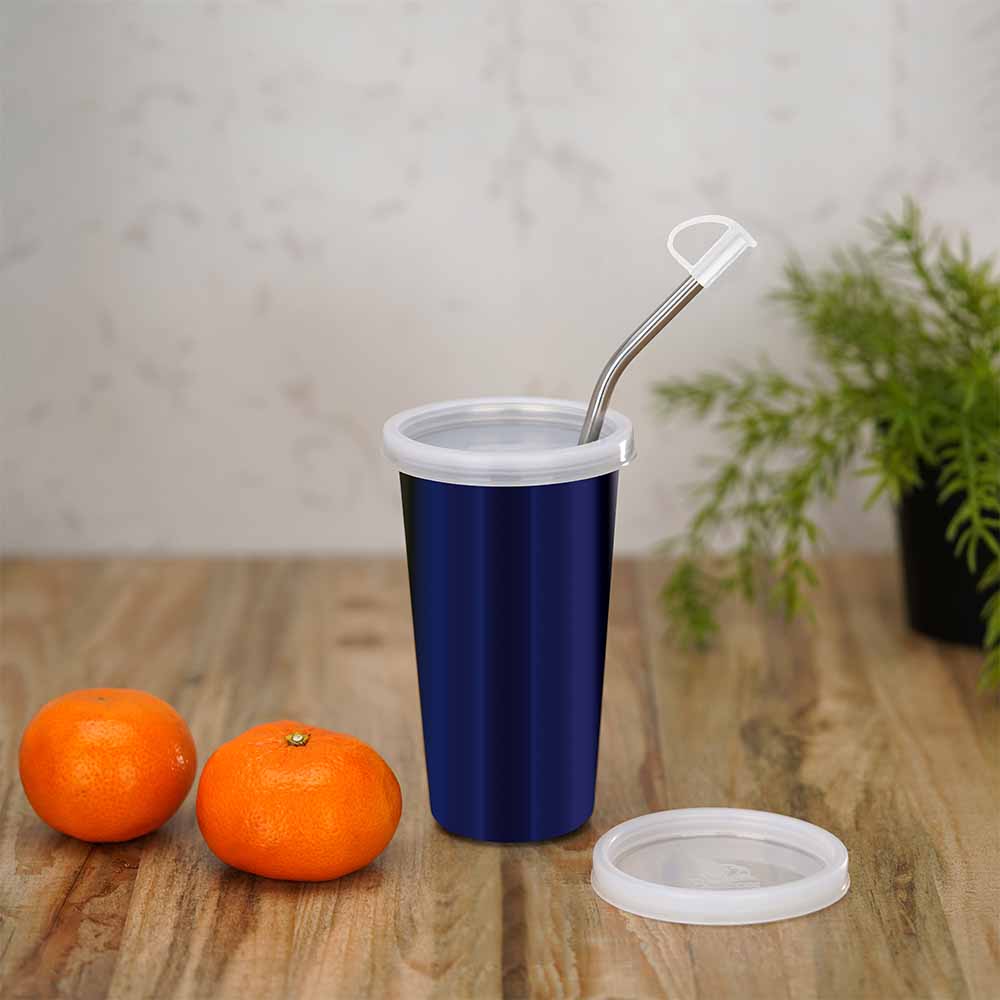 PddFalcon Stainless Steel Sipper Strawglass 370ml Blue