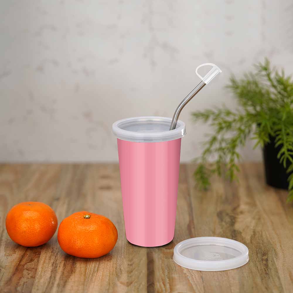PddFalcon Stainless Steel Sipper Strawglass 370ml Pink