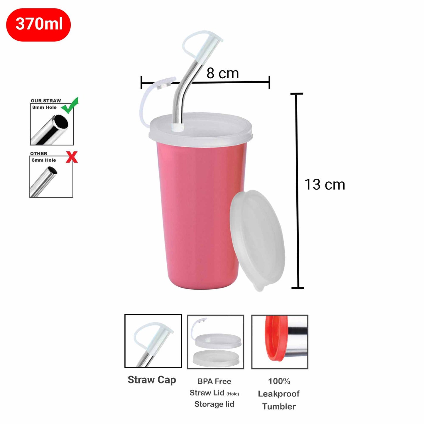 PddFalcon Stainless Steel Sipper Strawglass 370ml Pink