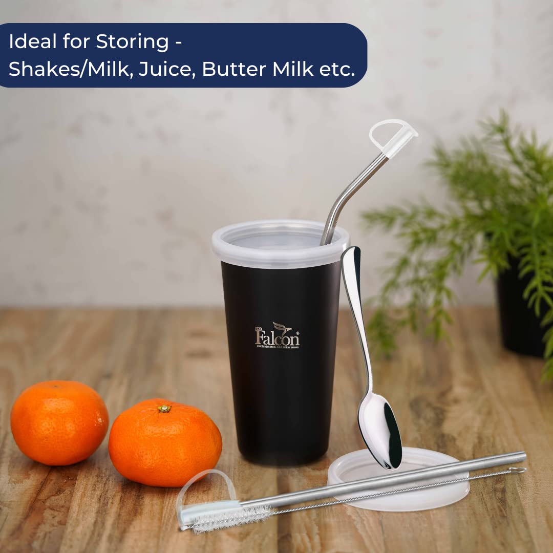 PddFalcon Stainless Steel Sipper Strawglass With Accessories 370ml Black