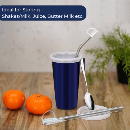 PddFalcon Stainless Steel Sipper Strawglass With Accessories 370ml Blue