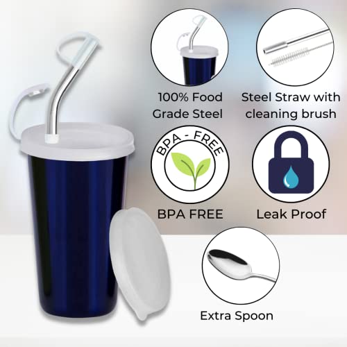 PddFalcon Stainless Steel Sipper Strawglass With Accessories 370ml Blue