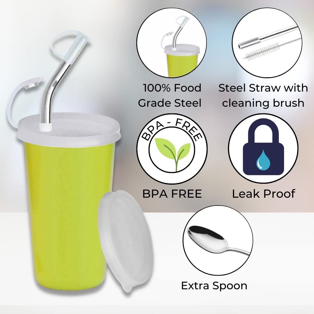 PddFalcon Stainless Steel Sipper Strawglass With Accessories 370ml Green