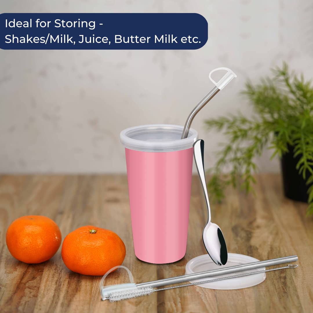 PddFalcon Stainless Steel Sipper Strawglass With Accessories 370ml Pink