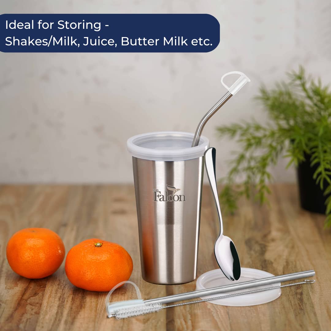 PddFalcon Stainless Steel Sipper Strawglass With Accessories 370ml Plain