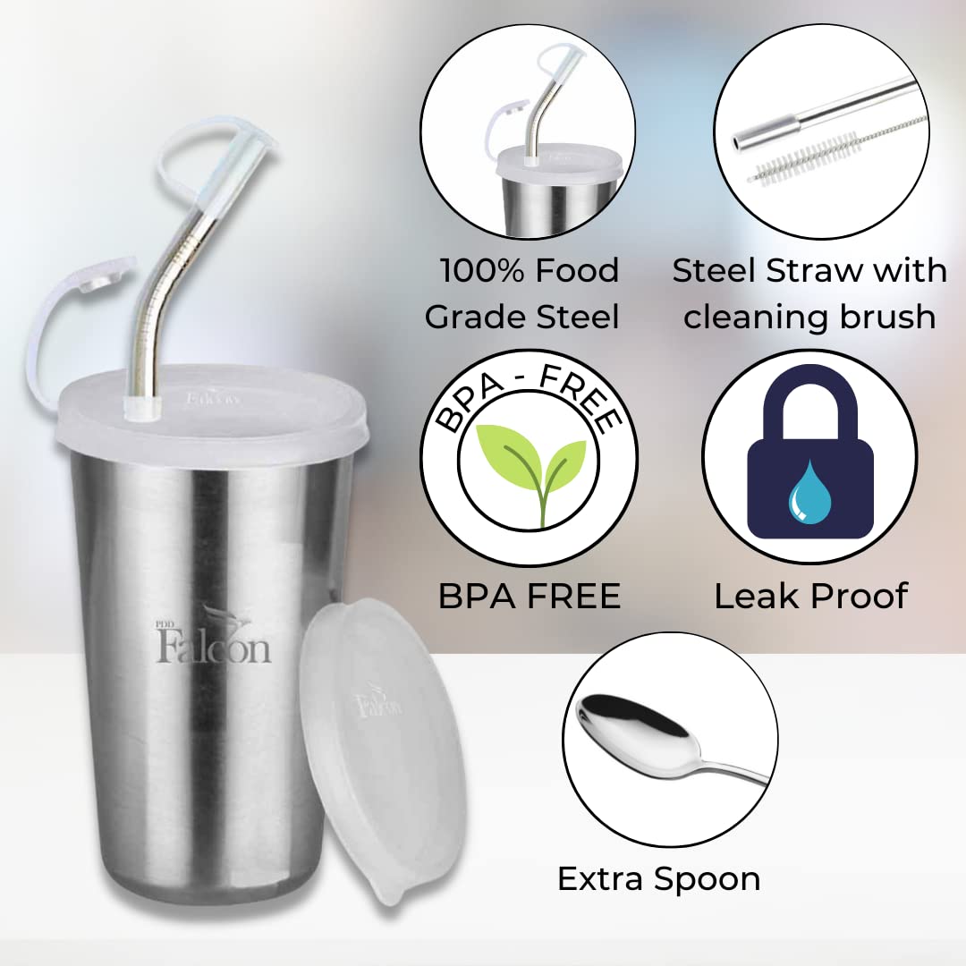 PddFalcon Stainless Steel Sipper Strawglass With Accessories 370ml Plain