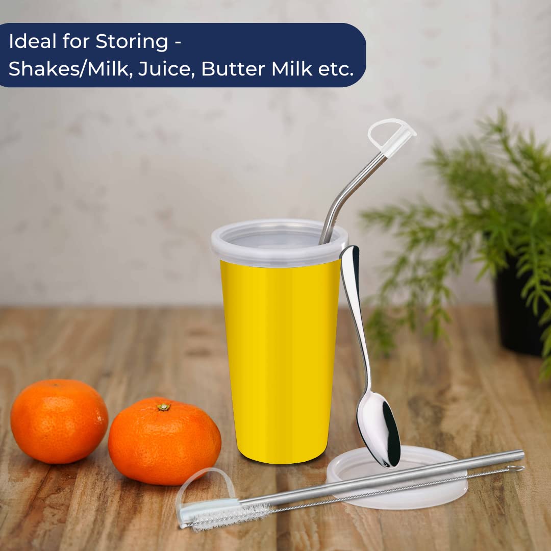 PddFalcon Stainless Steel Sipper Strawglass With Accessories 370ml Yellow