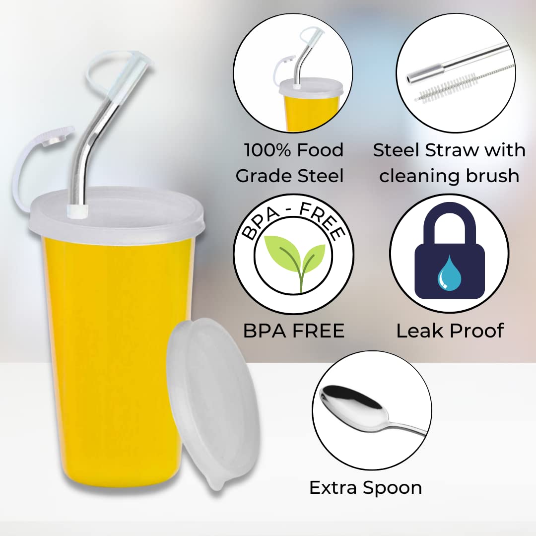 PddFalcon Stainless Steel Sipper Strawglass With Accessories 370ml Yellow