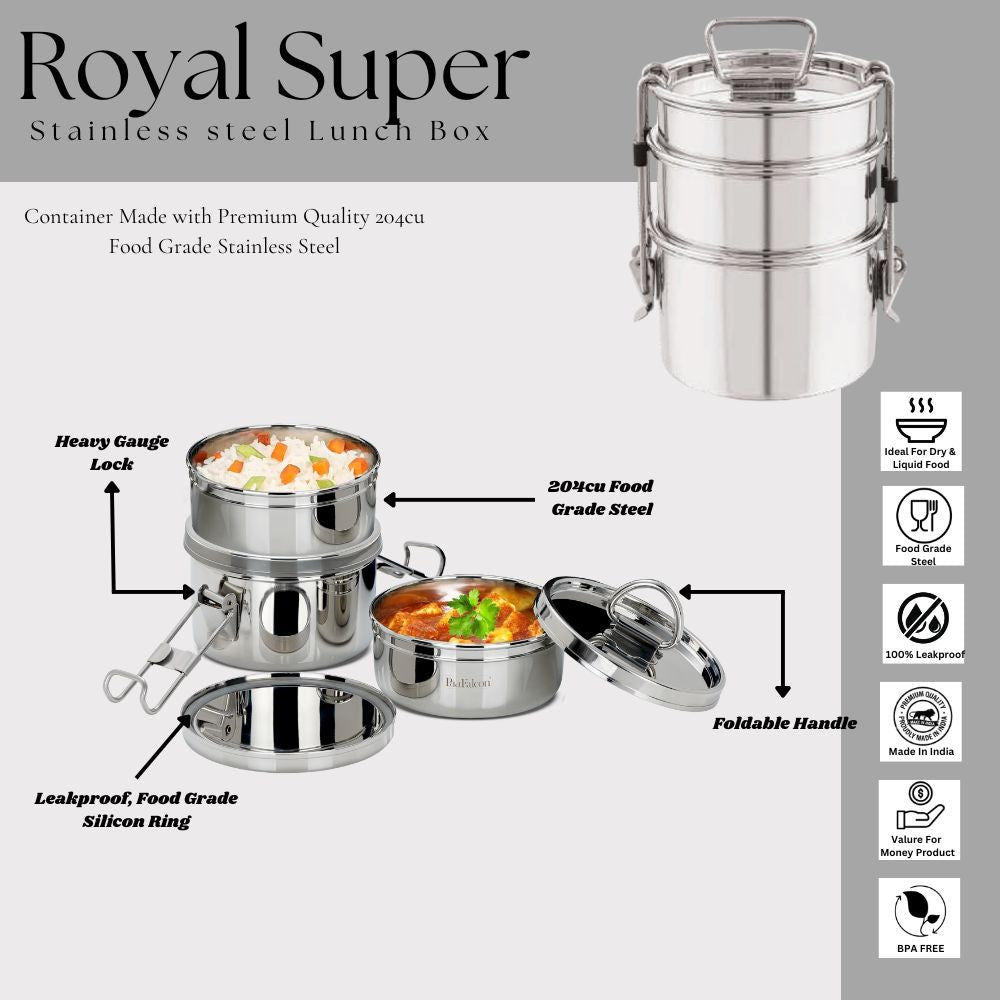 PddFalcon Stainless Steel Royal Super Lunch Box Set of 3, 1300ml