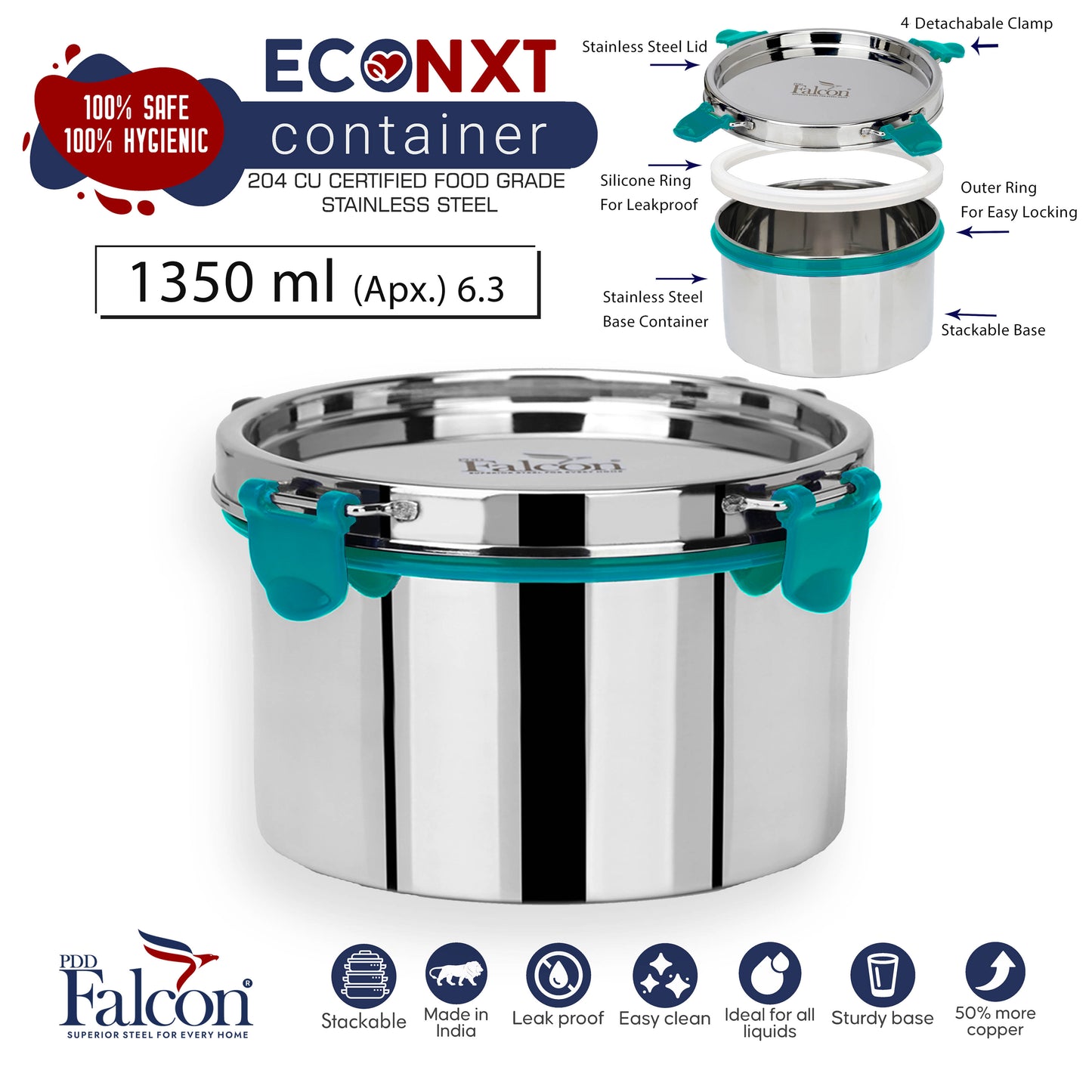 PddFalcon Food Grade Stainless Steel EcoNxt Big Container 6.3 - 1350ml (Sea Green)