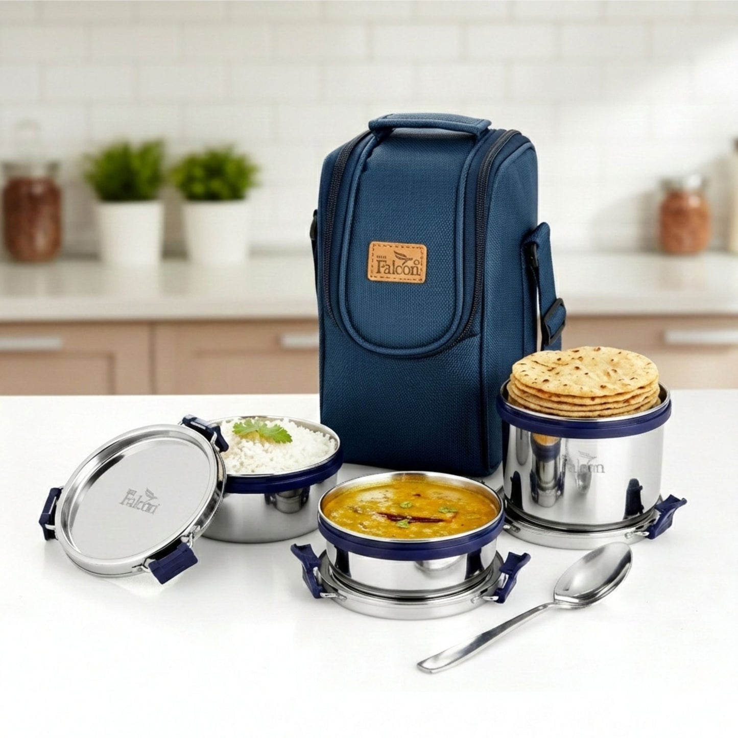 Pdd Falcon Steel Lunch Box Set of 3 Blue FP11007 - 1000ml