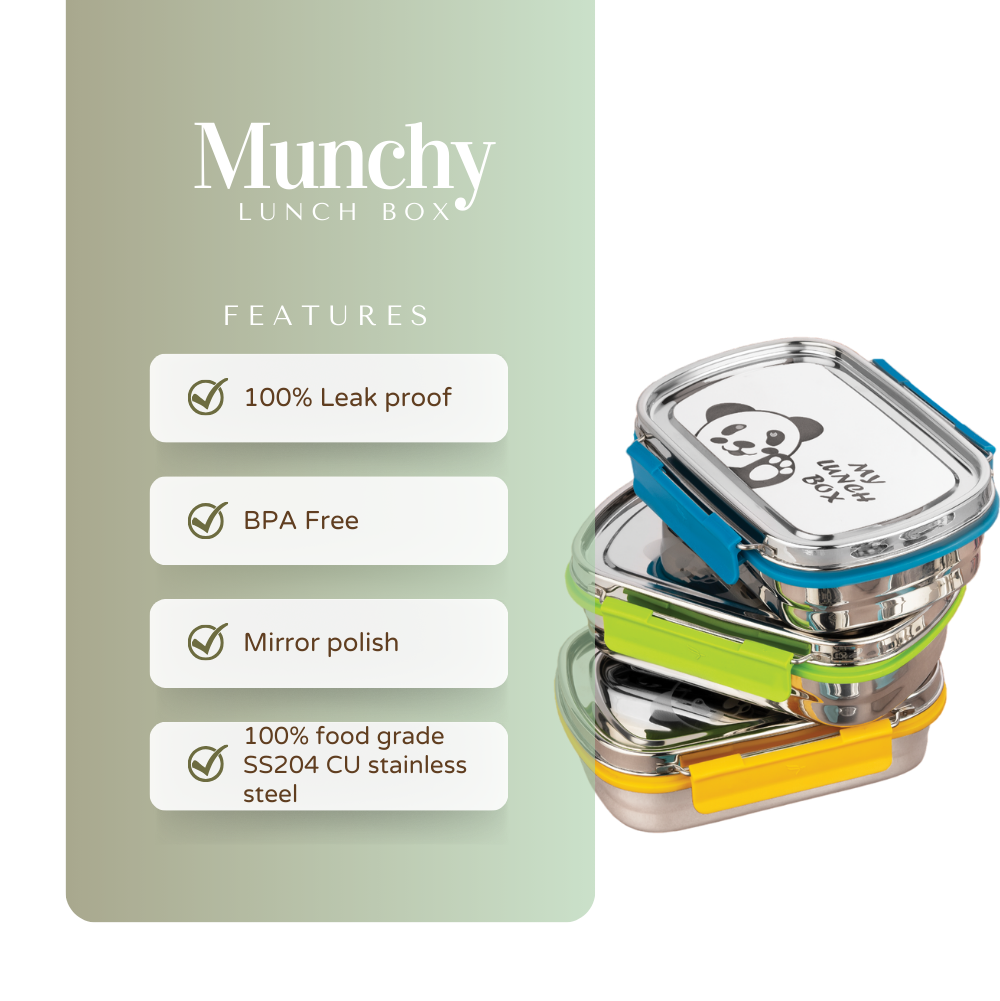 Munchy steel lunchbox for kids - 100% leakproof, crack free, odor free, rust free, steel lid BPA free, mirror polish, easy lock and 100% food grade stainless steel.