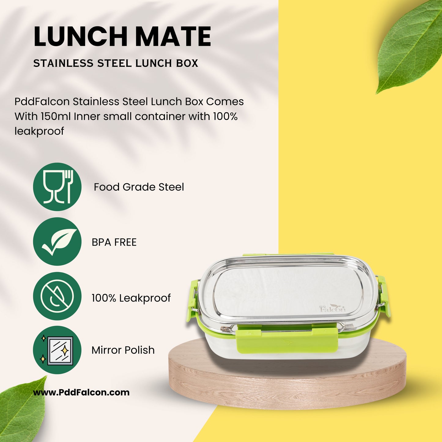 PddFalcon Stainless Steel Recta Lunch Mate 100% Leakproof Lunch Box Green - 930ml